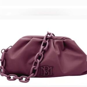 NWT BADGLEY MISCHKA Vegan Leather Wrapped Frame Clutch With Chunky Chain Plum
